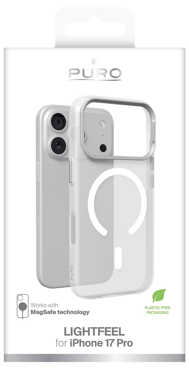 PURO Lightfeel klare iPhone 17 Pro Hülle mit MagSafe-Ring, gezeigt auf Produktverpackung mit der Bezeichnung „Funktioniert mit MagSafe-Technologie