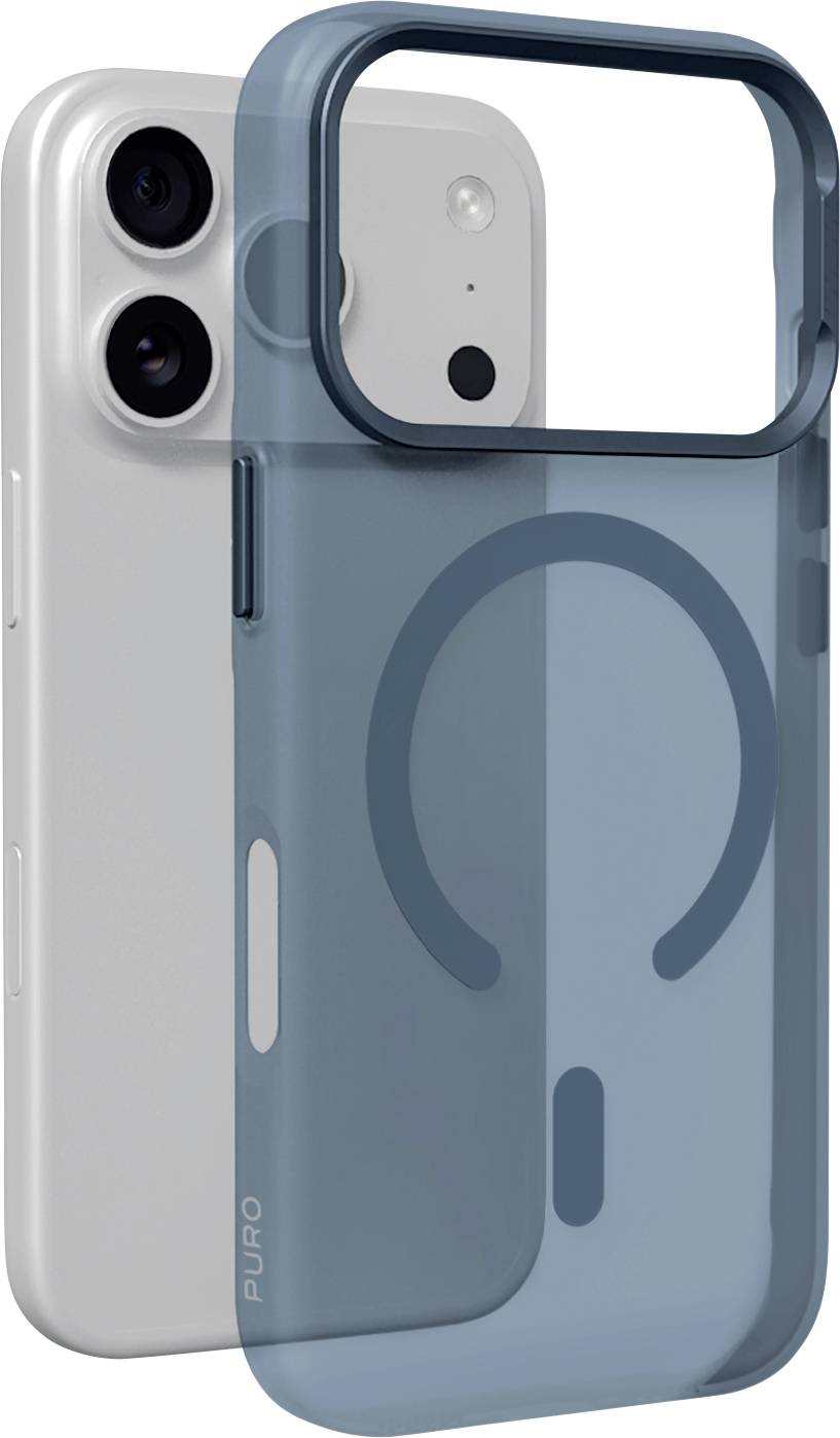 Zwei überlappende Smartphone-Hüllen: Eine klare blaue Hülle mit einem MagSafe-Ring vorne und eine graue Hülle hinten, beide von der Rückseite gezeigt mit Kameraausschnitten.