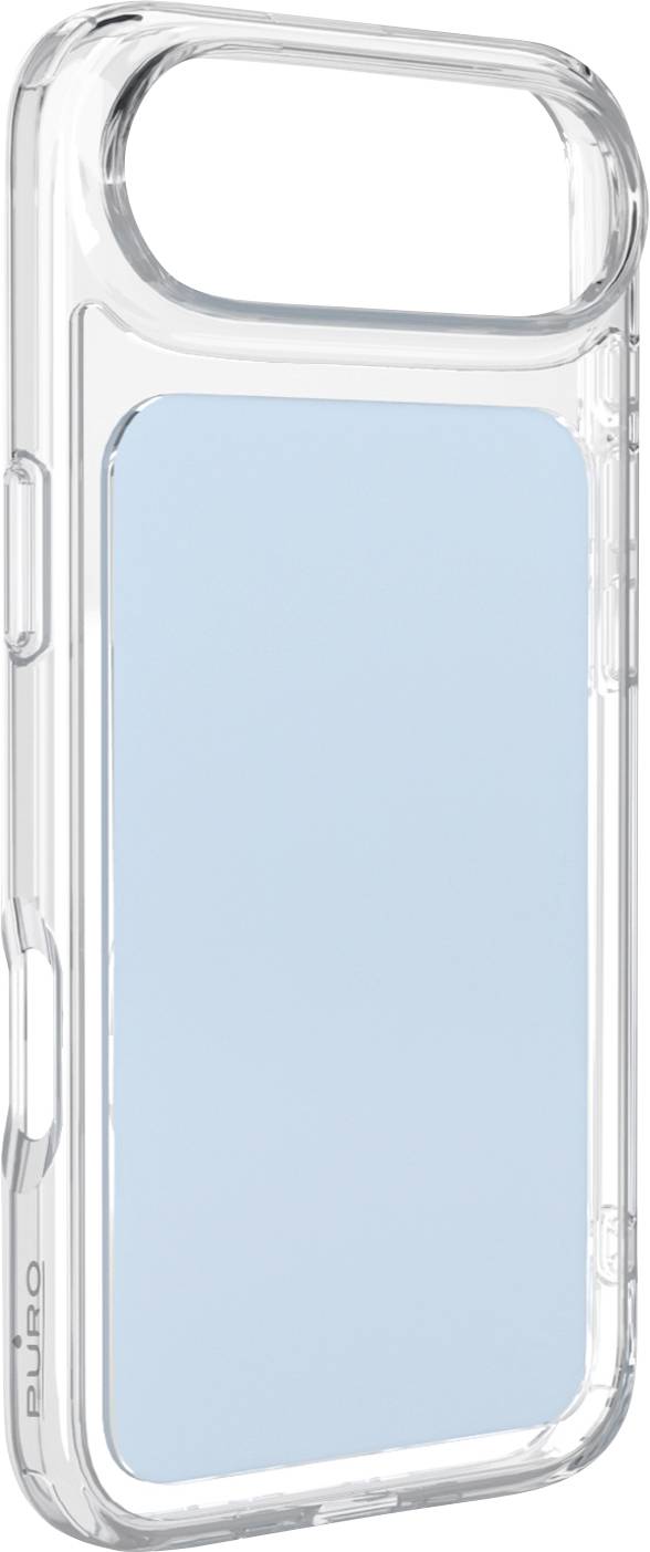 Durchsichtige Schutzhülle für Smartphones mit hellblauem Rückenpanel, Vorderansicht auf weißem Hintergrund gezeigt.