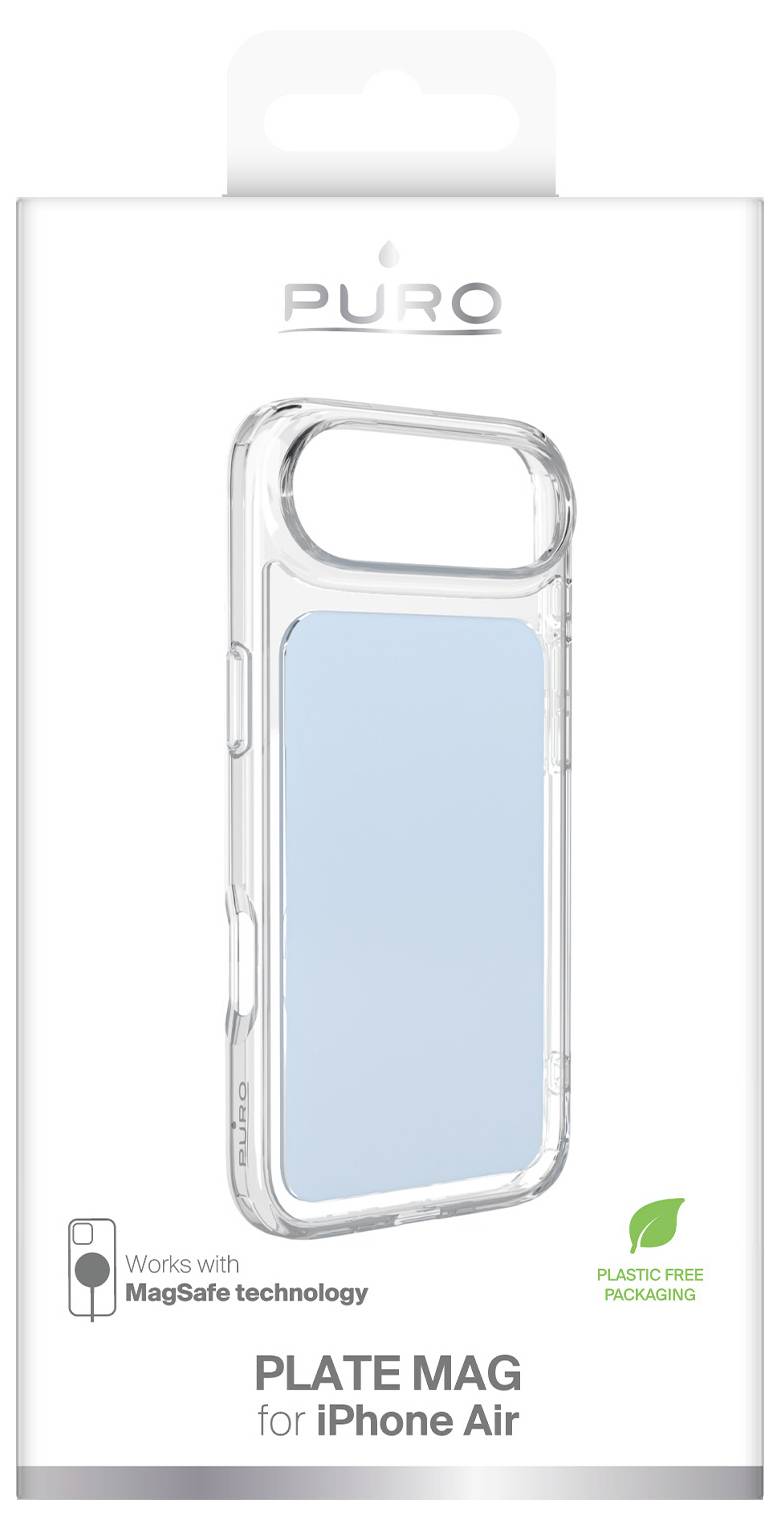 Verpackung für PURO Plate Mag iPhone Air case, transparentes Case mit hellblauem Rücken, MagSafe-kompatibel, kunststofffreie Verpackung