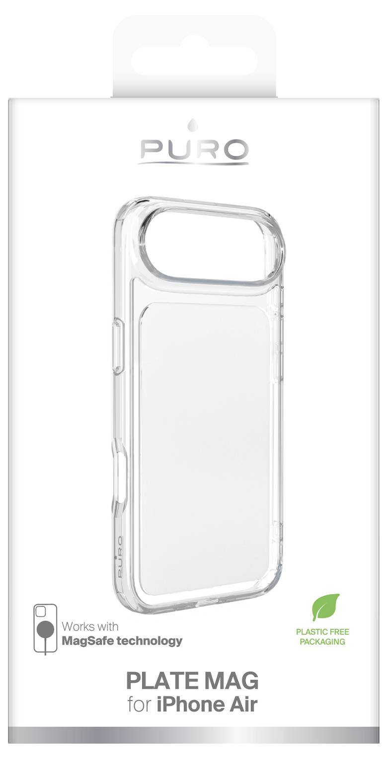 Verpackung für PURO Plate Mag iPhone Air Hülle mit transparenter MagSafe-kompatibler Handyhülle auf weißer Karte, gekennzeichnet mit „Funktioniert mit MagSafe-Technologie
