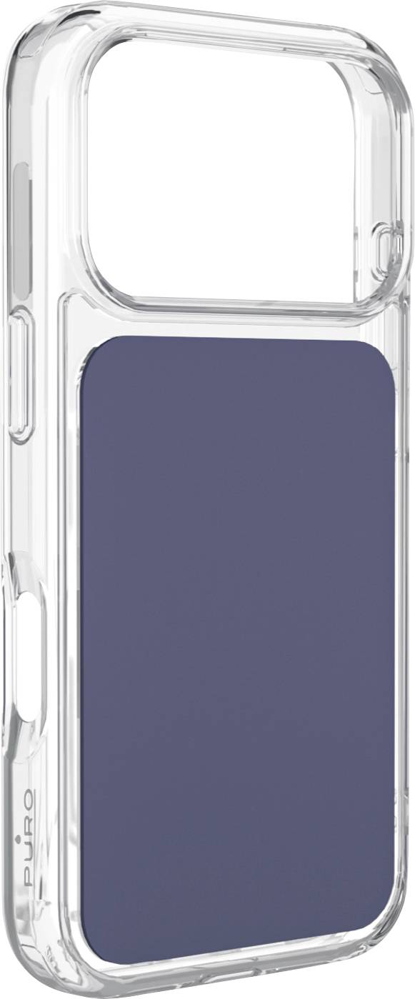 Transparente Handyhülle mit großem dunkelblauem rechteckigem Einsatz/Rückenpanel auf weißem Hintergrund.