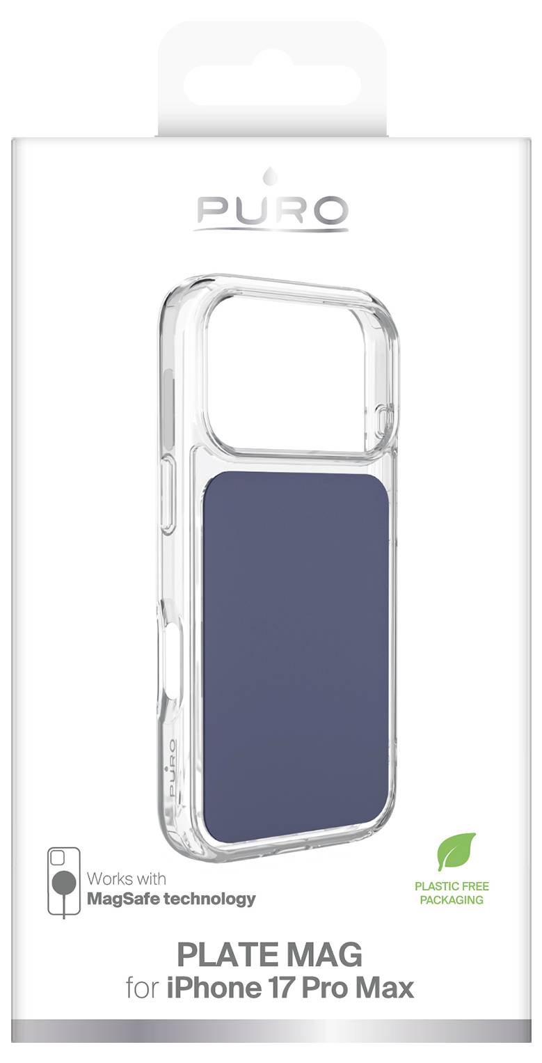 Clear Puro 'PLATE MAG' MagSafe-kompatible Handyhülle für iPhone 17 Pro Max, gezeigt in transparent mit blauem Rückeinsatz; Verpackungshinweise kunststofffreie Verpackung und funktioniert mit MagSafe-Technologie.