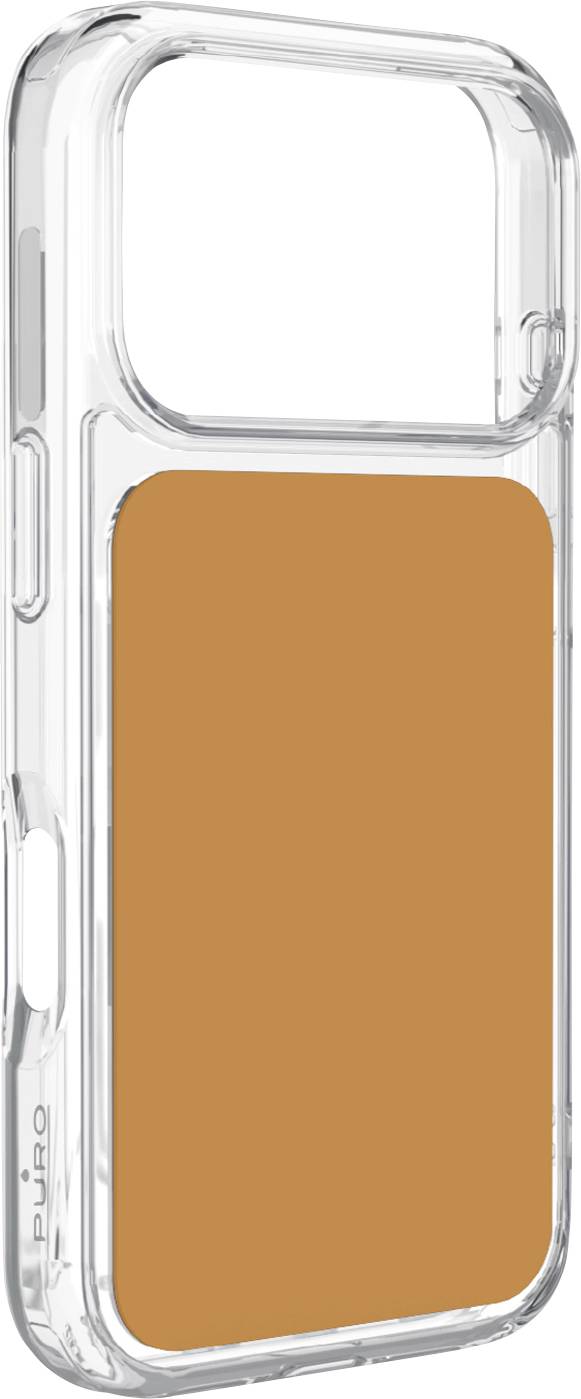 Transparente Handyhülle mit großem orangefarbenem rechteckigem Einsatz oder Etikett auf der Rückseite.
