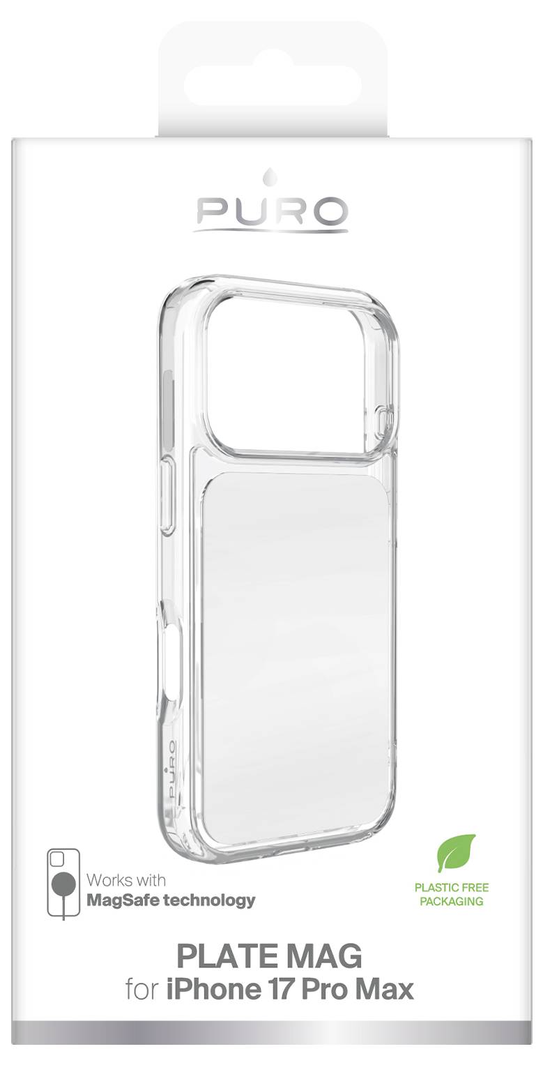 PURO Plate Mag transparente Handyhülle für iPhone 17 Pro Max, kompatibel mit MagSafe-Technologie, plastikfreie Verpackung.