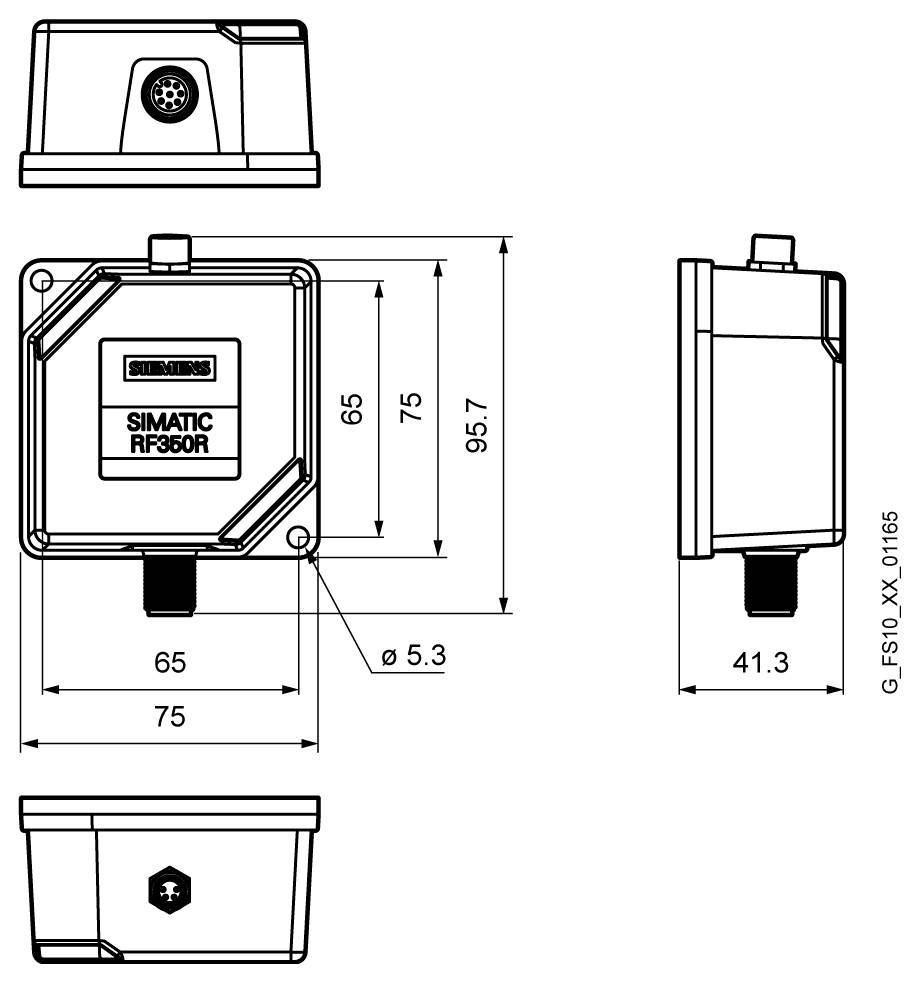 Technische Zeichnung eines SIMATIC RF360R-Geräts mit Vorder-, Seiten- und Draufsicht mit Maßangaben, einschließlich 65, 75, 95,7, 41,3 und Befestigungsloch ø 5,3.