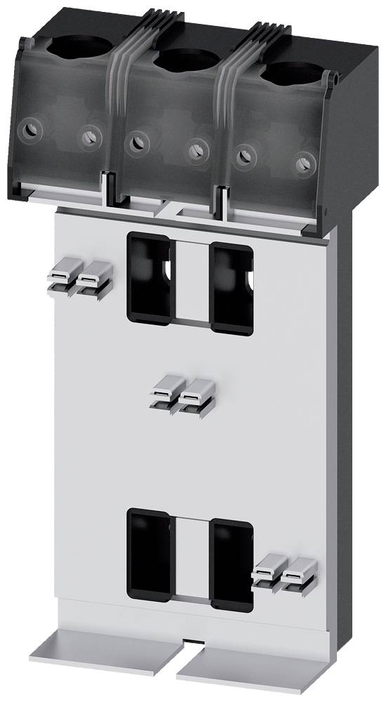Dreipoliger Elektroschalter oder Leitungsschutzschalter mit schwarzen Oberanschlüssen, silbernem Gehäuse und vorderen Montageklammern, dargestellt auf weißem Hintergrund.