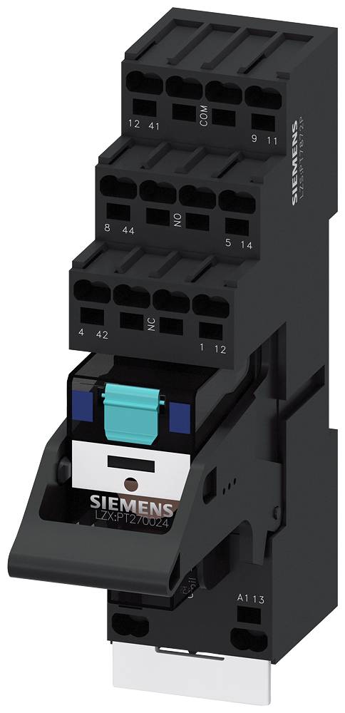 Siemens Elektro-Relaismodul mit Anschllussklemmen-Nummern und vorderer manueller Prüfschalter in einem schwarzen DIN-Schienenegehäuse.
