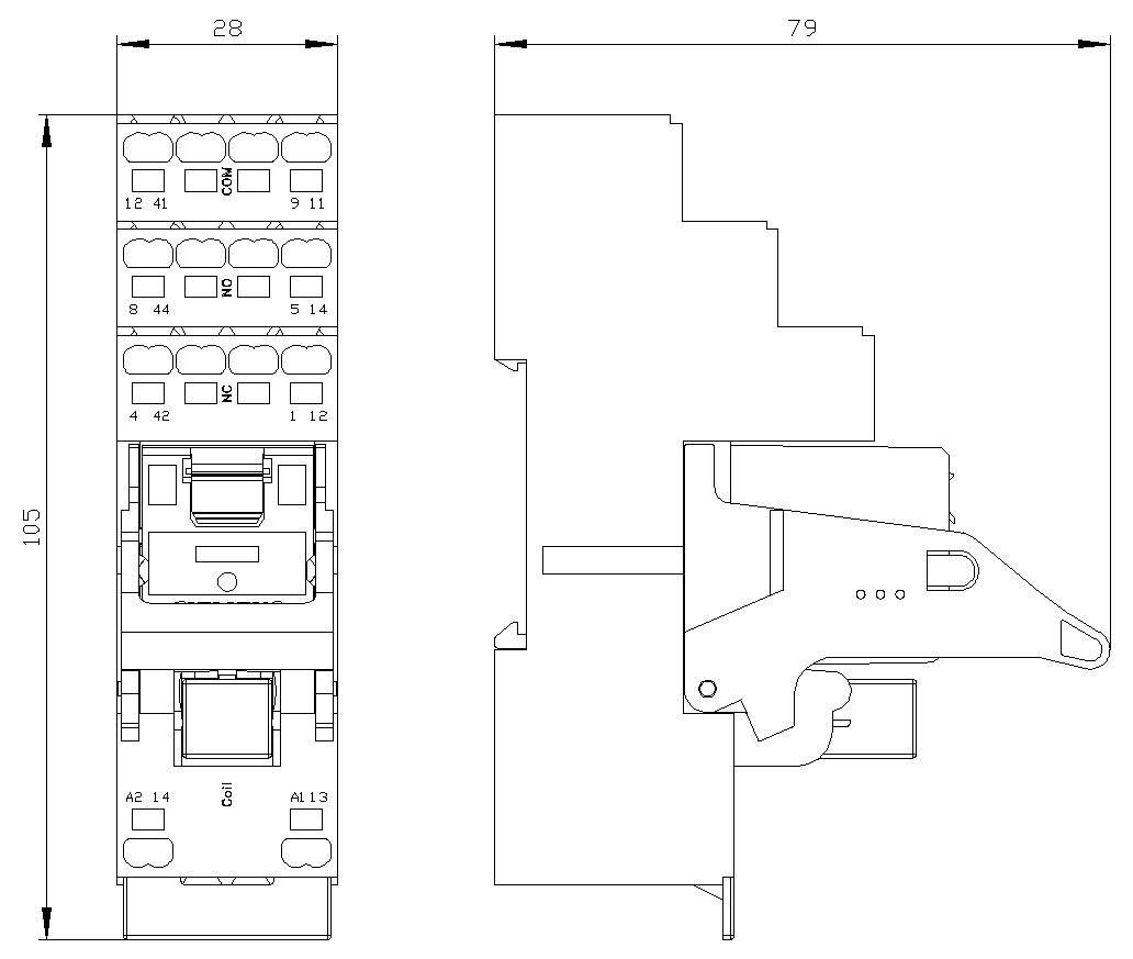 Technische Strichzeichnung eines modularen elektrischen Relais oder Schützes, dargestellt in Front- und Seitenansicht mit Abmessungen von 28 mm Breite und 105 mm Höhe, plus 79 mm Tiefe.
