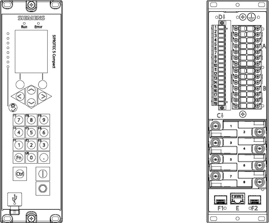 Diagramm einer Siemens SIMATIC-Bedienfeld-Vorderansicht und Rückseitenlayout der Anschlüsse, zeigt Tastatur, Display und Verdrahtungsverbindungen.