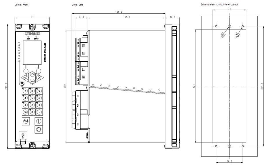 Technische Maßzeichnung eines schlanken elektronischen Moduls, dargestellt in Vorder-, Links- und Ausschnittsansichten der Blende, mit Maßen und Montagelochabständen.