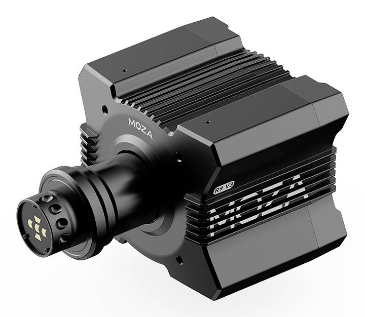 Schwarze MOZA R9 V3 Direct-Drive-Rennrad-Basis in einer Studio-Produktaufnahme gezeigt