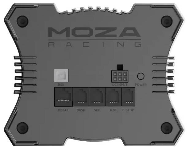 MOZA Racing Steuerbox mit USB- und DC-Eingangsbuchsen, fünf gekennzeichneten Anschlüssen für Pedale, Armaturenbrett, Schaltung, H/B und Notaus sowie einem Stromschalter.