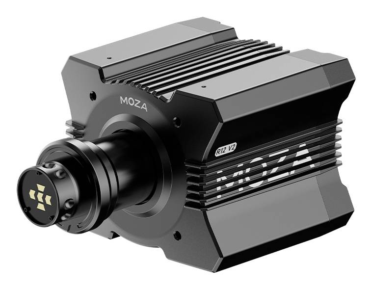 Schwarze MOZA R12 V2 Direct-Drive-Rennrad-Basis mit Kühlrippen und Schafthalterung, gezeigt auf weißem Hintergrund.