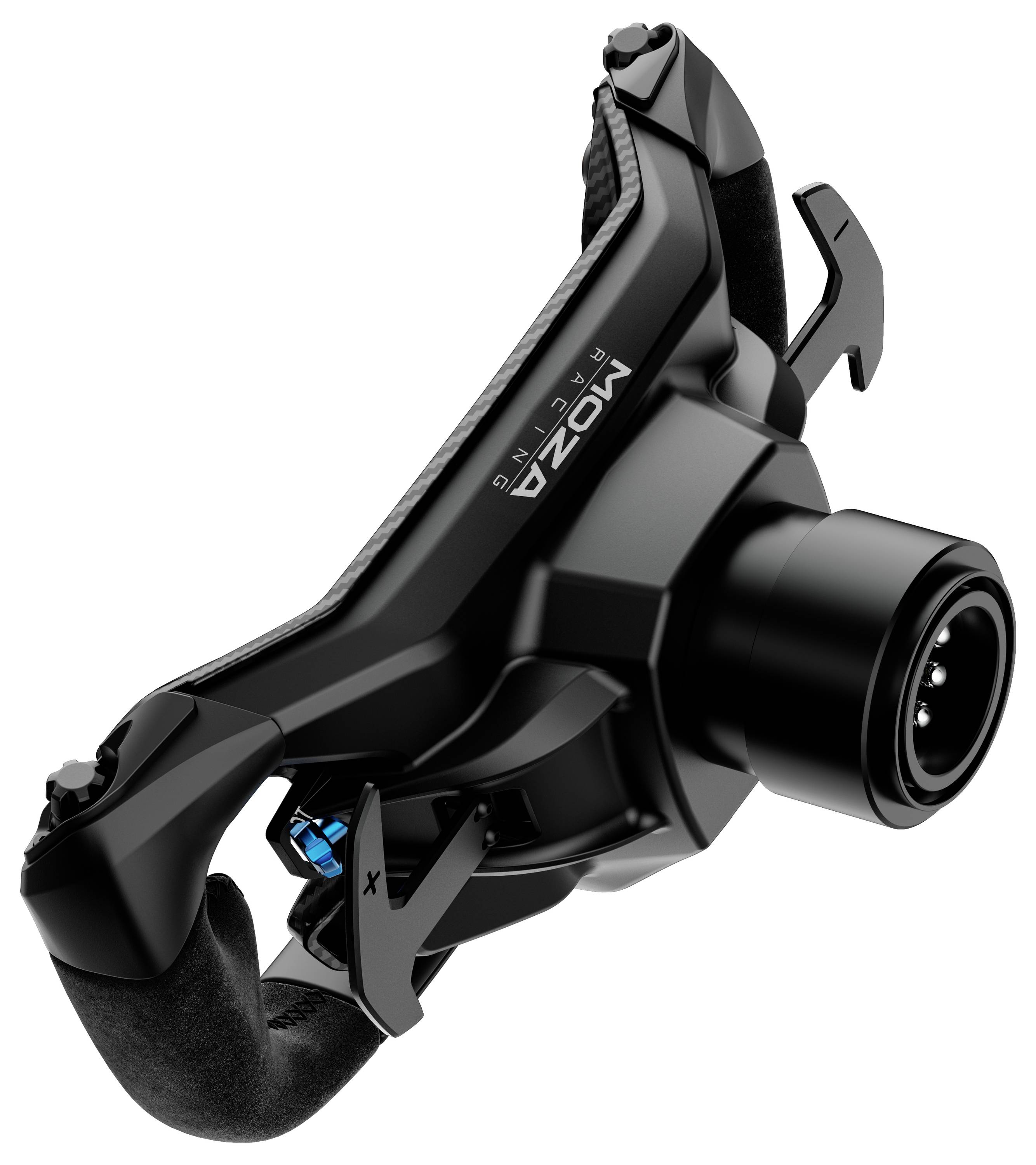 Schwarze Shimano M6200 Fahrrad-Schaltkomponente in Nahaufnahme, wahrscheinlich ein Schaltwerk, mit Kabelhalterung und Umlenkrolle auf weißem Hintergrund.