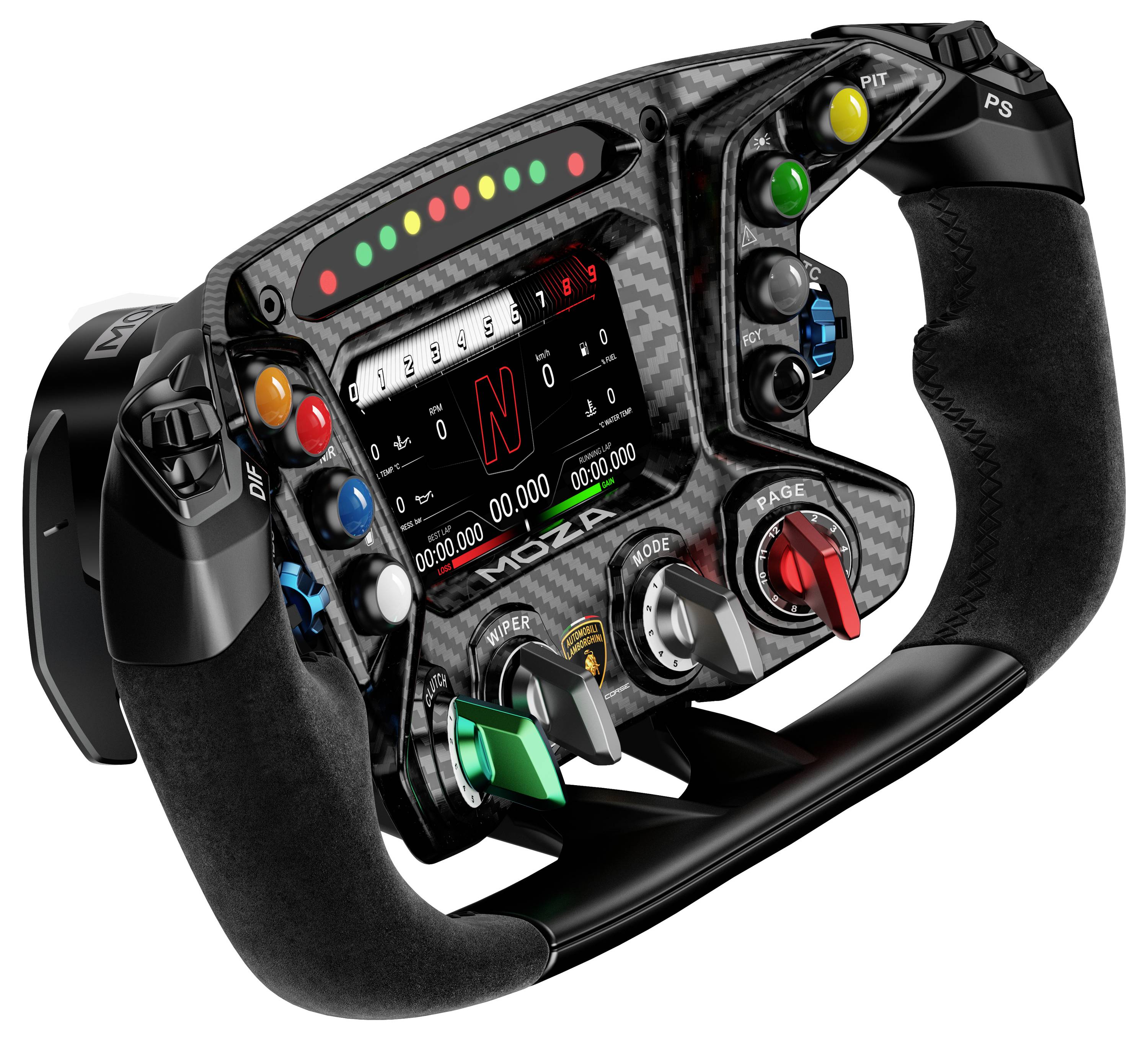 Kohefaser-Formel-1-Lenkrad mit digitaler Anzeige, farbigen Tasten, Drehreglern und Schaltpaddles für die Rennwagenkontrolle.