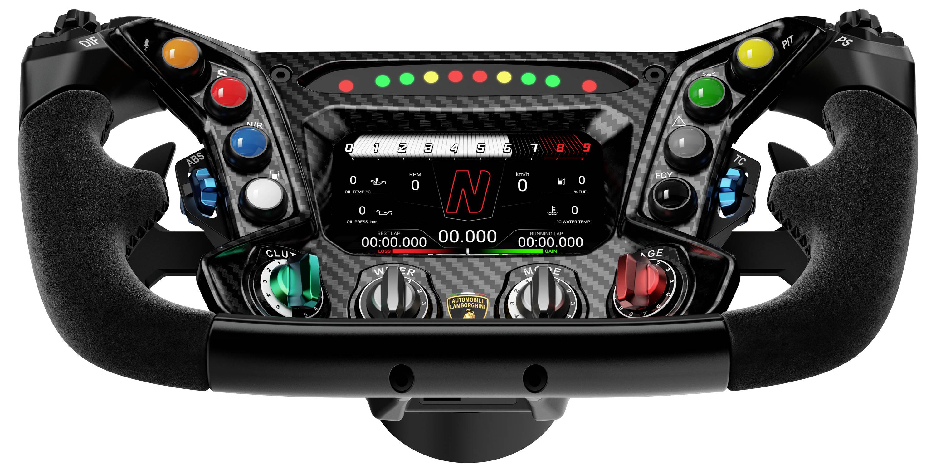 Formel-1-Rennlenkrad mit digitalem Display, Schaltlichtern und mehrfarbigen Tasten und Drehreglern für Fahrzeugsteuerung.