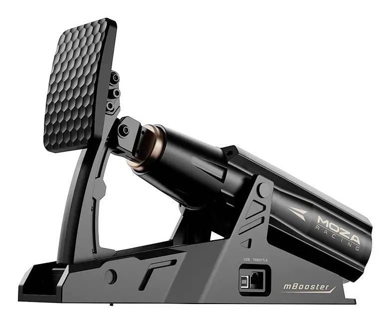 Schwarze MOZA Racing mBooster Pedaleinheit mit Wabenstruktur-Fußplattform und verstellbarem Arm, dargestellt auf weißem Hintergrund.