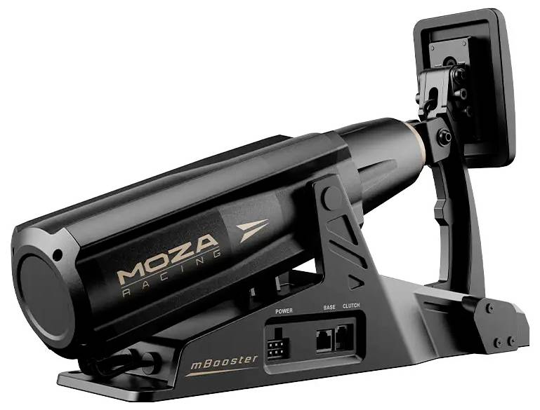 MOZA Racing mBooster Force-Feedback-Pedalmodul in Schwarz dargestellt, mit Motorgehäuse, Befestigungsarm und sichtbaren Power-, Base- und Clutch-Anschlüssen auf weißem Hintergrund.