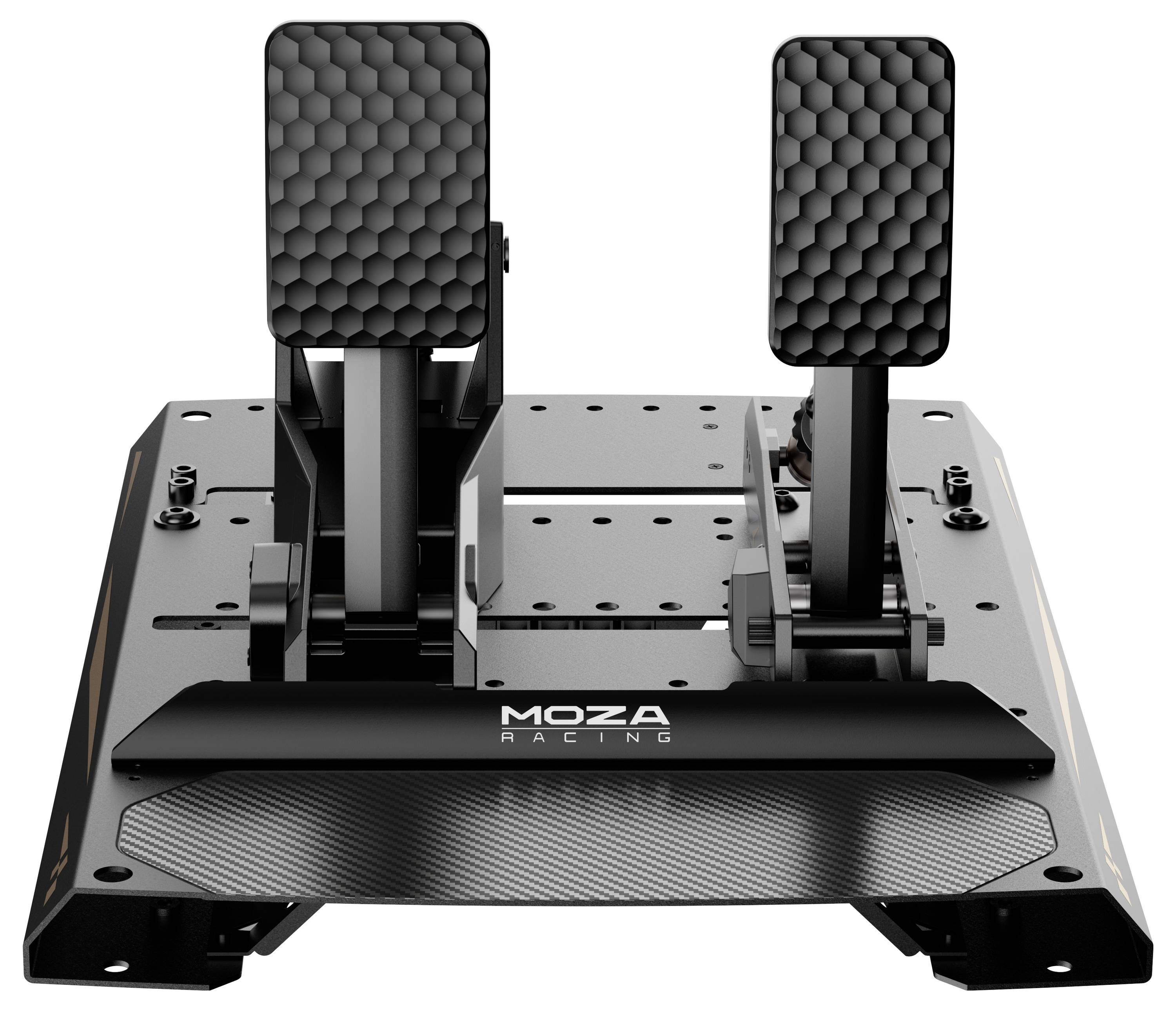 MOZA Racing Pedalset mit Brems- und Gaspedalen, Frontansicht auf einer Metallbasisplatte dargestellt.