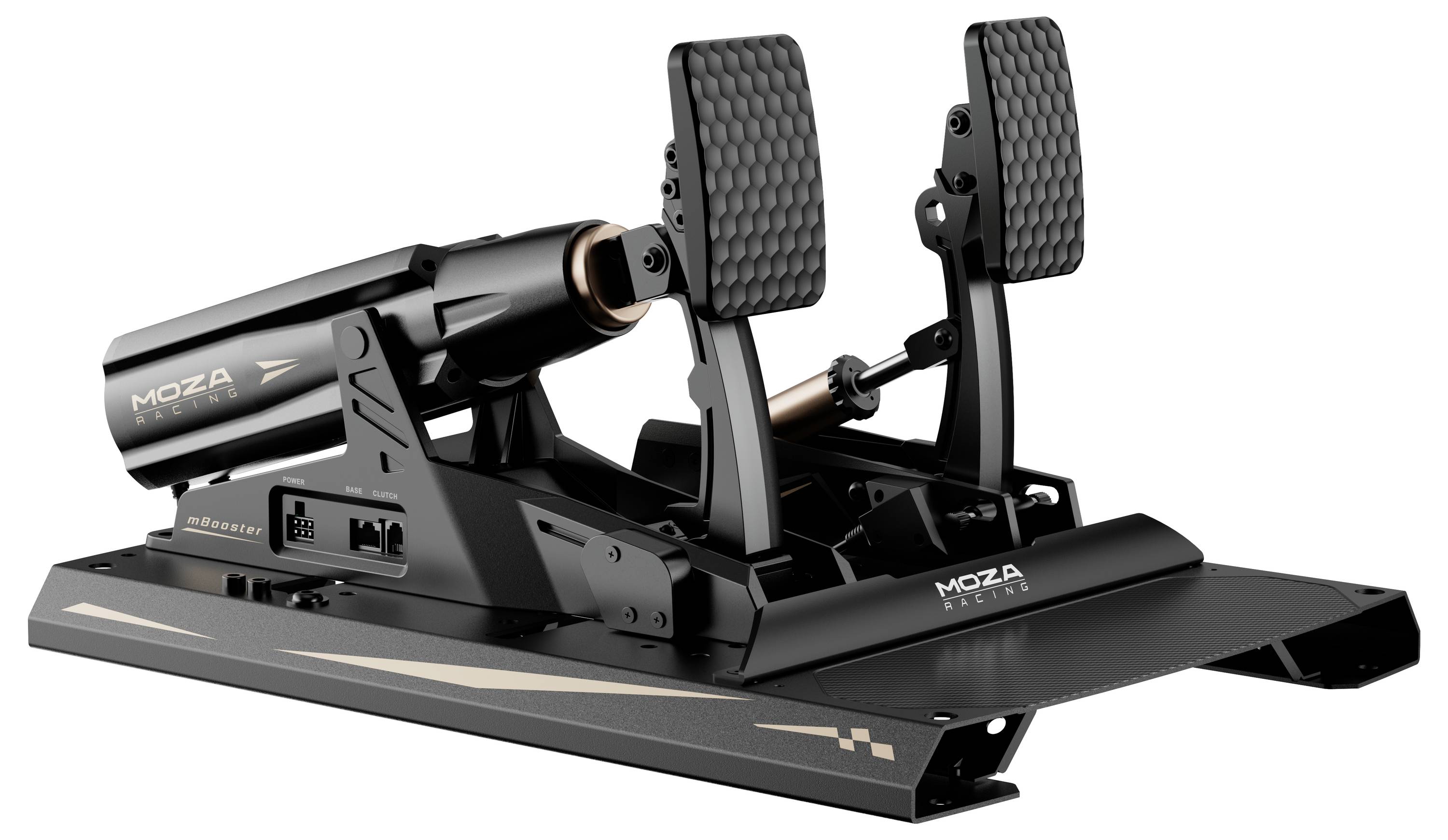 Schwarzes MOZA Racing-Simulator-Pedal-Set mit Gas- und Bremspedal auf einer Basisplattform montiert.