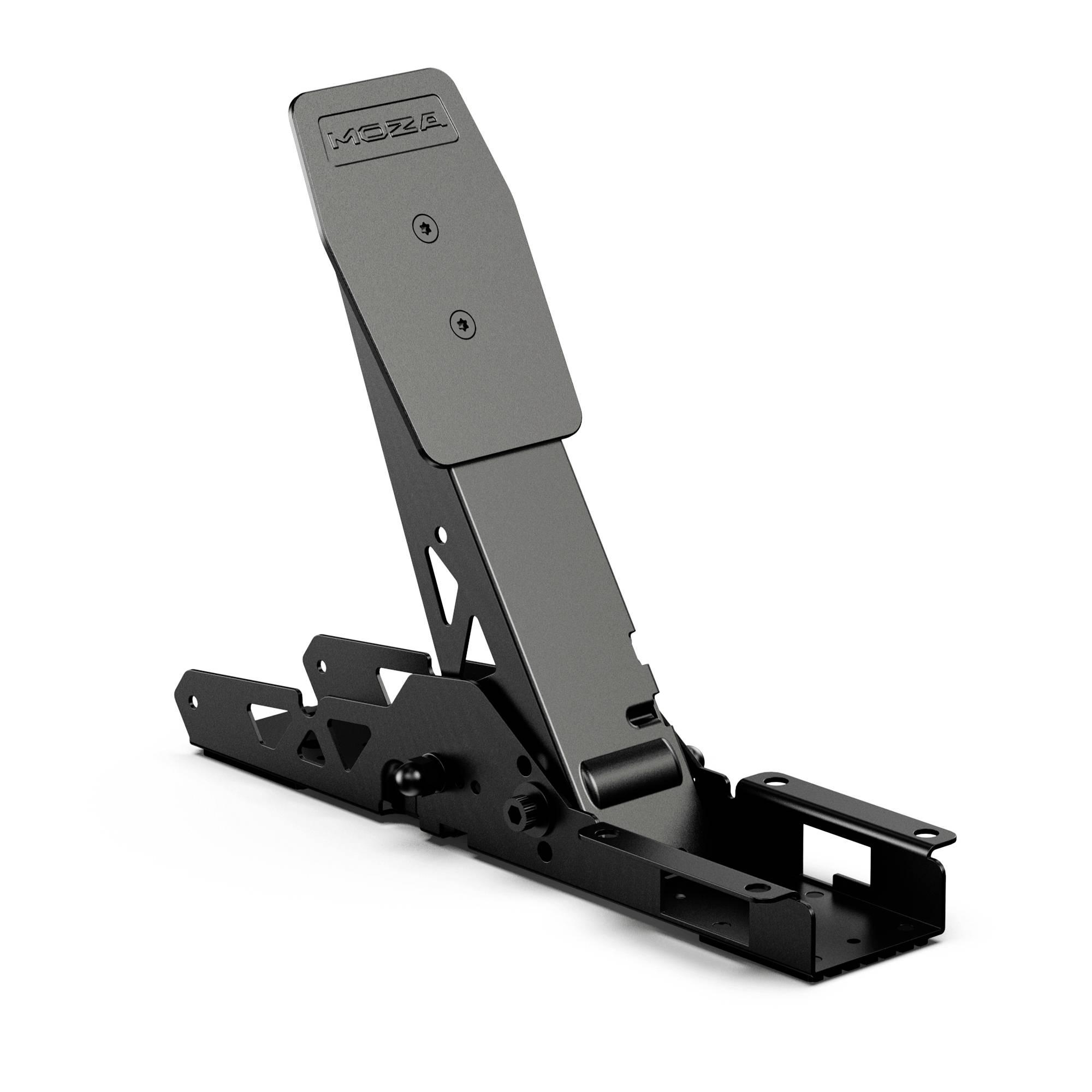 Schwarze verstellbare Metallhalterung oder Scharniergelenk in einer schrägen aufrechten Position auf weißem Hintergrund.
