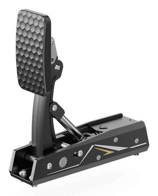 Schwarzes Metall-Fußpedal mit strukturierter Lauffläche und Federmechanismus, isoliert auf weißem Hintergrund dargestellt.