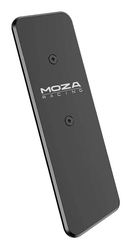 Schwarze rechteckige MOZA Racing-Pedalabdeckung, schräg auf weißem Hintergrund gezeigt.