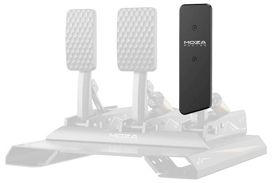 MOZA Racing Sim-Racing-Pedalsatz mit einem schwarzen rechteckigen Steuermodul, das über den Pedalen angezeigt wird.