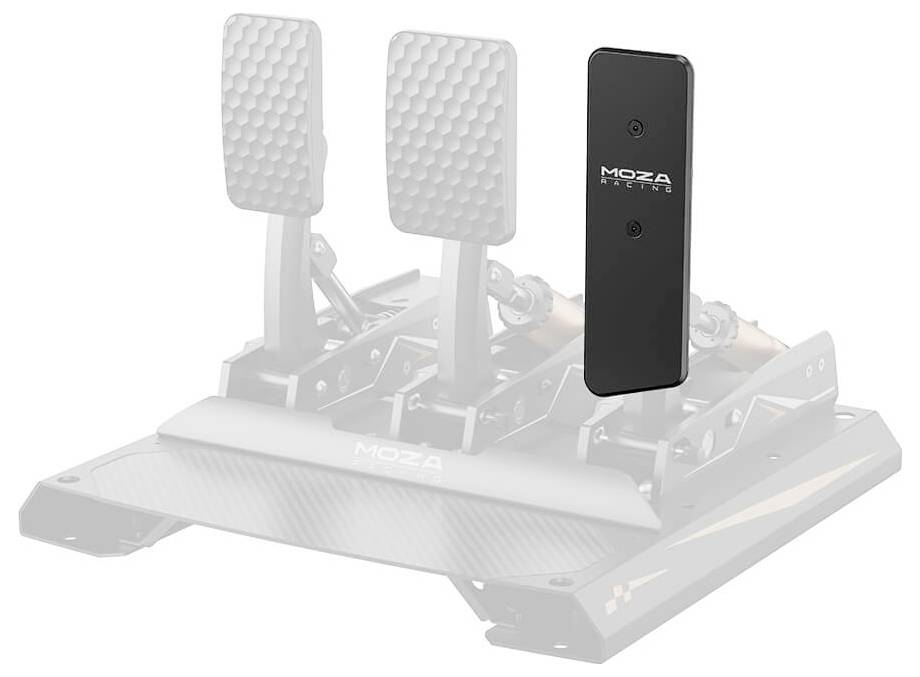 Weiße MOZA-Rennsimulatorbasis mit schwarzem Joystick-ähnlichem Knauf oben montiert.