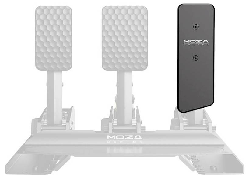Drei MOZA Racing Pedalsatz-Pedale; das rechte Pedal ist in Schwarz hervorgehoben, während die anderen beiden im Hintergrund verblasst wirken.