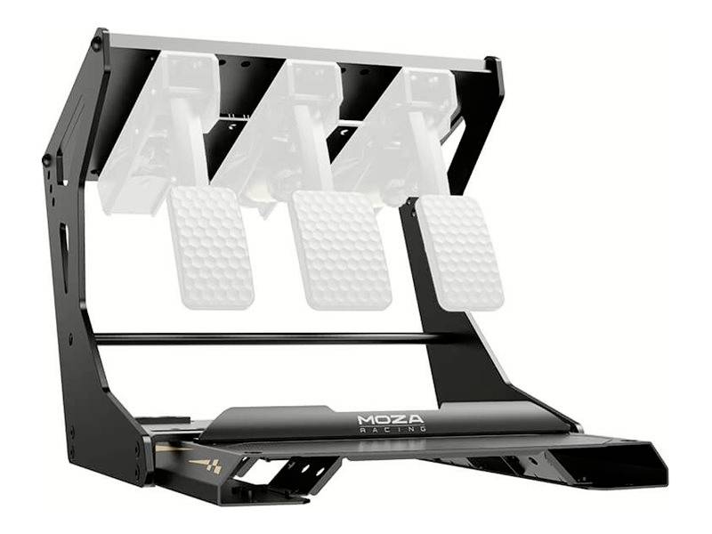 MOZA Racing Drei-Pedal-Simracing-Pedalsatz mit schwarzem Metallrahmen, silbernen Fußplatten und verstellbaren Pedalarmen auf weißem Hintergrund