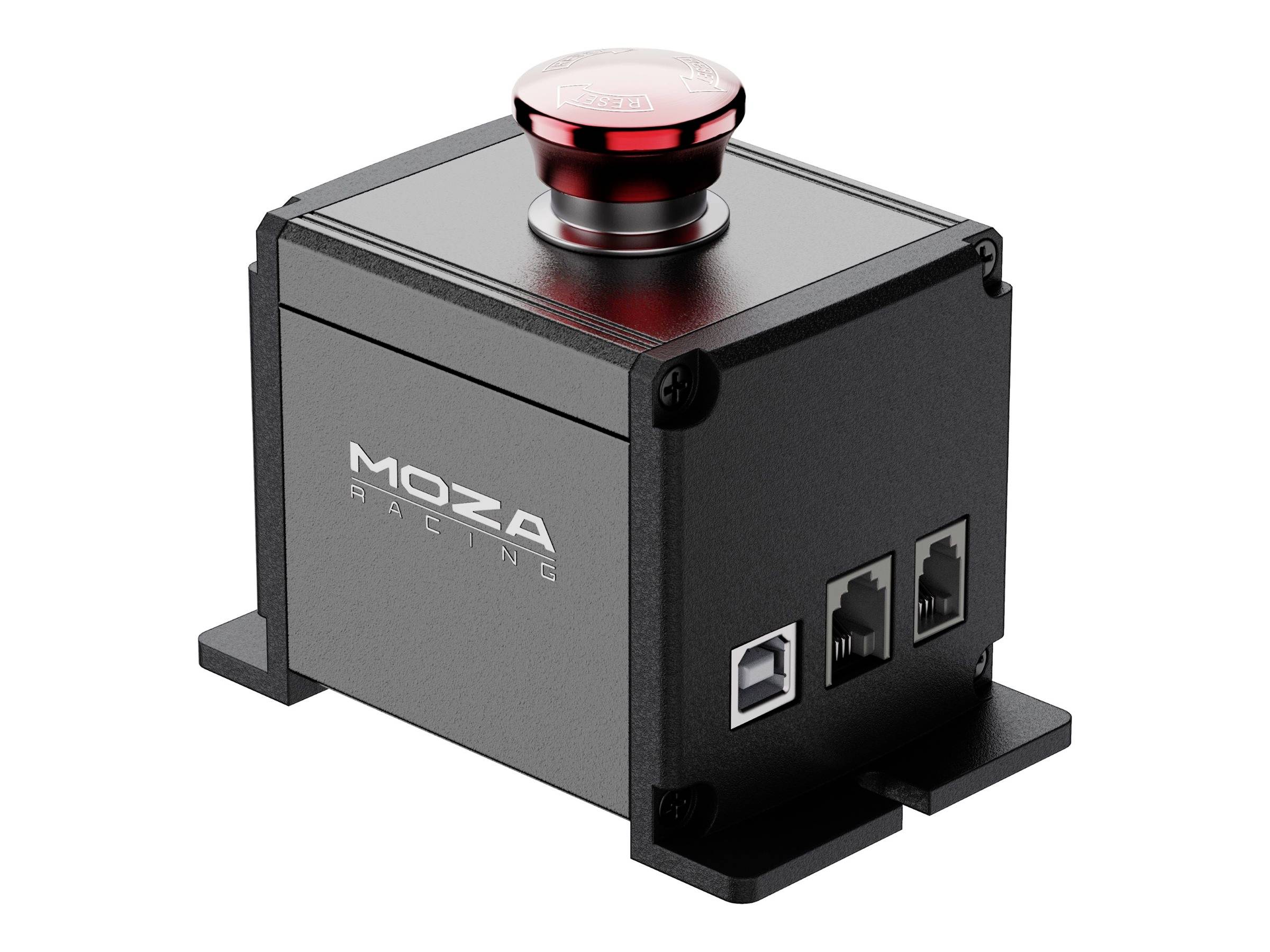 Schwarze MOZA Racing Notausschalter-Box mit rotem pilzförmigem oberen Knopf und seitlich angebrachten Anschlussanschlüssen.