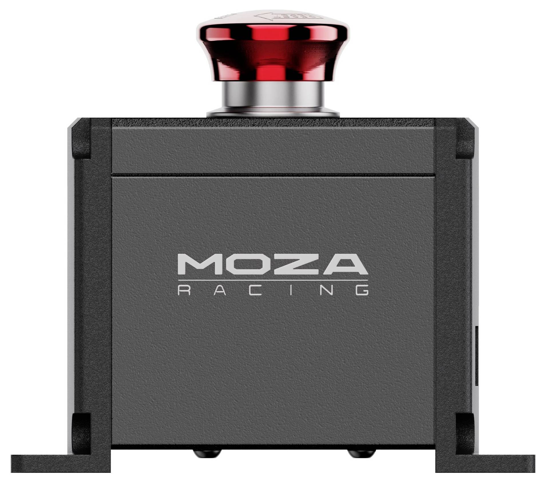 Vorderansicht eines MOZA Racing-Geräts mit einem rot beleuchteten Drehknopf oben, dargestellt vor einem einfachen weißen Hintergrund.