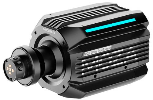 Schwarze MOZA R25 Ultra True Torque Direct-Drive Sim-Racing-Lenkrad-Basis mit leuchtend cyan Akzentstreifen.