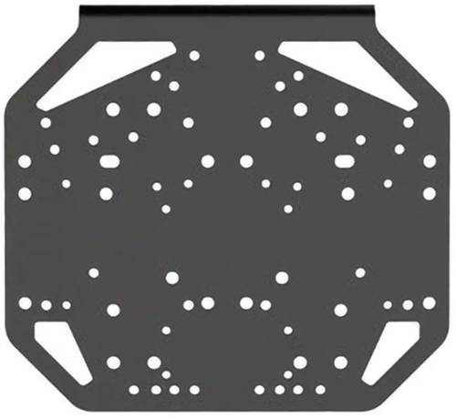 Schwarze achteckige perforierte Abdeckung oder Schablone mit vielen kreisförmigen Löchern und vier großen Eckausschnitten.