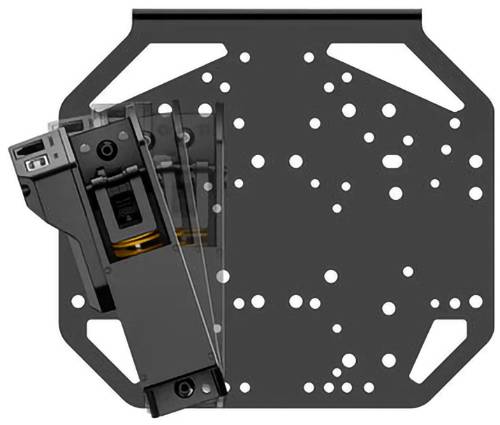 Schwarze Metallmontageplatte mit vielen Löchern und einer angebrachten Scharnierhalterung auf der linken Seite, gezeigt als abgewinkelte Hardwarekomponente.