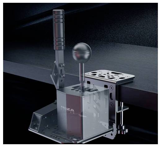 Nahaufnahme eines Moza-ähnlichen manuellen Schalthebels, der auf einem Schreibtisch montiert ist, mit Metallschaltknauf, Hebel und Halterungsbasis.