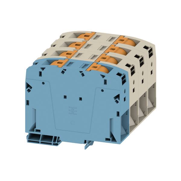 Dreiweg-Elektroklemmenblock-Stecker mit blauer Frontabdeckung und orangefarbenen Hebelsicherungen, isoliert auf weißem Hintergrund dargestellt.