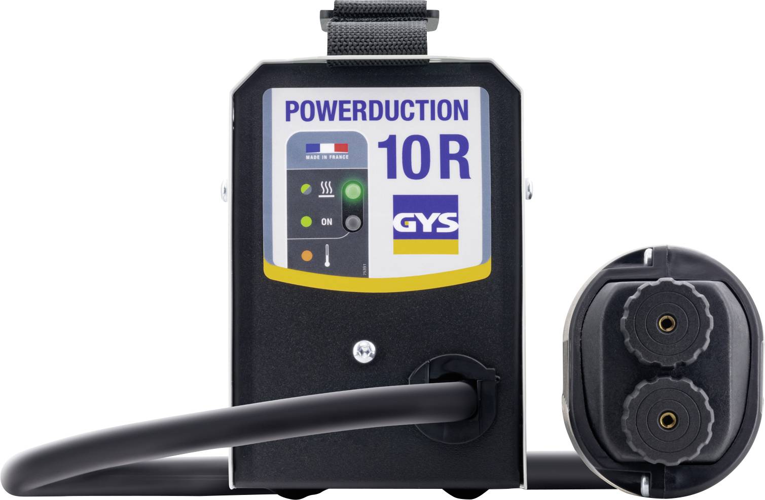Schwarzes GYS Powerduction 10R Induktionsheizgerät mit Bedienfeld, angeschlossener Schlauchleitung und zweipoliger Handwerkzeugs vor weißem Hintergrund gezeigt.