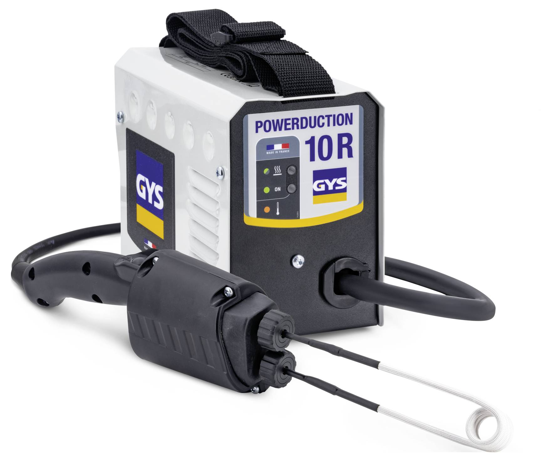 Tragbarer GYS POWERDUCTION 10R Induktionsheizer mit Kabel und Handwerkzeug zum Erwärmen von Metallteilen oder zum Entfernen von festsitzenden Komponenten.