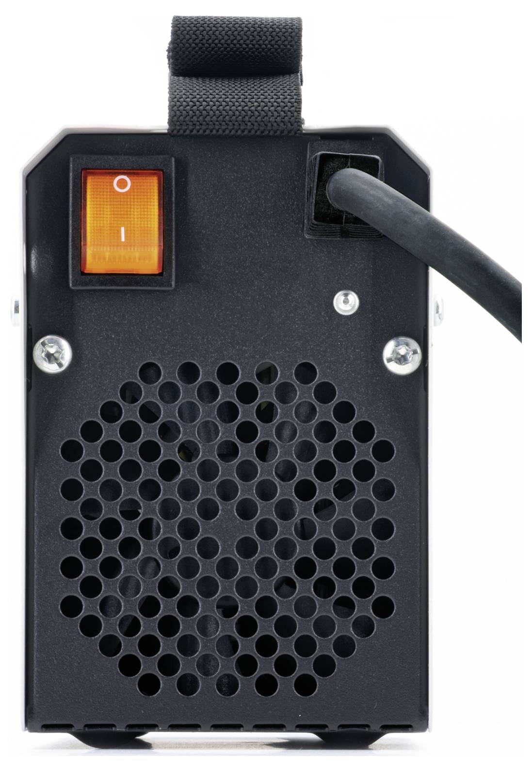 Tragbares schwarzes Gerät mit orangefarbenem Netzschalter, Griff, Kühlüftung und angekabeltem Kabel auf weißem Hintergrund