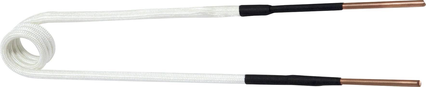 Aufgerolltes weißes geflochtenes Kabel mit schwarzen Schutzhülsen und freigelegten Kupferklemmen.