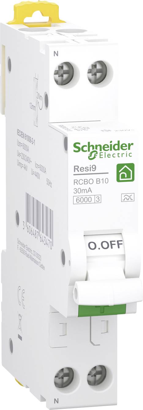 Schneider Electric Resi9 Schutzschalter B10 mit O.OFF-Schalter und grünem Logo, gezeigt auf einer weißen Produktverpackung.