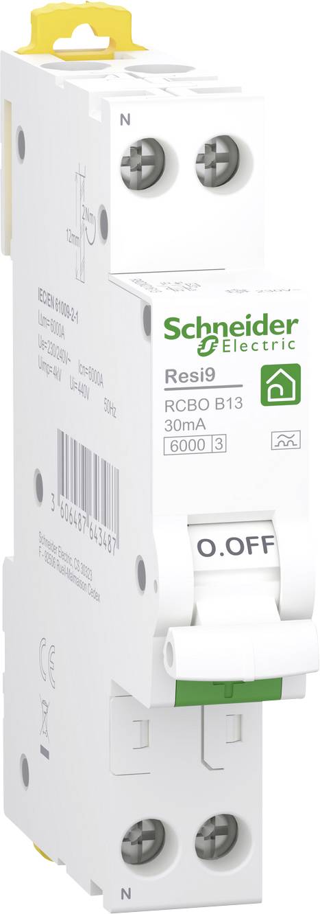 Schneider Electric Resi9 FI/LS-Schalter, 30 mA, 13 A, mit O.OFF-Schalter und Klemmenverbindungen.