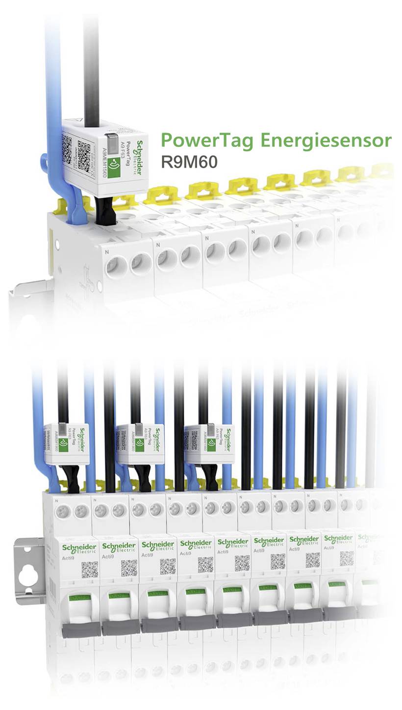 Schneider Electric PowerTag Energiesensor RM60 kabelloses Energiemesskabel montiert auf DIN-Schiene mit mehreren Leitungsschutzschaltern in einem Schaltschrank.