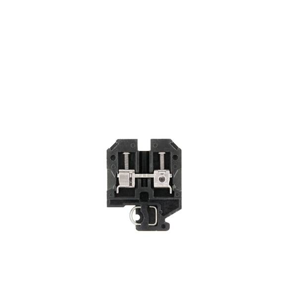 Kleiner schwarzer Stromverteilerklemmen-Stecker mit zwei Metallkontaktklemmen, isoliert auf weißem Hintergrund.