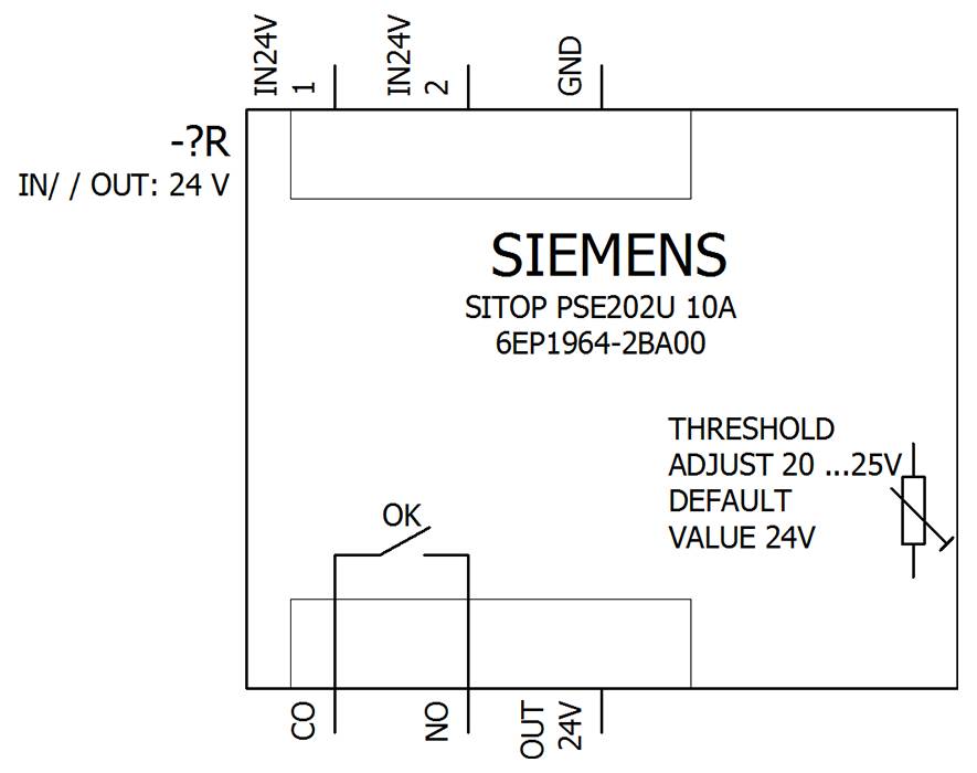 Diagramm eines Siemens SITOP PSE202U 10A Stromversorgungsmoduls mit 24V EIN/AUS-Anschlüssen, OK-Ausgangskontakten und Schwellenwerteinstellung von 20 bis 25V mit Standard 24V.
