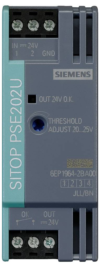 Siemens SITOP PSE202U Stromversorgungsmodul Frontansicht, gekennzeichnet mit EINGANG 24V, AUSGANG 24V O.K., Schwellenwerteinstellung 20–25V, mit Anschlussschrauben und Statusanzeige.