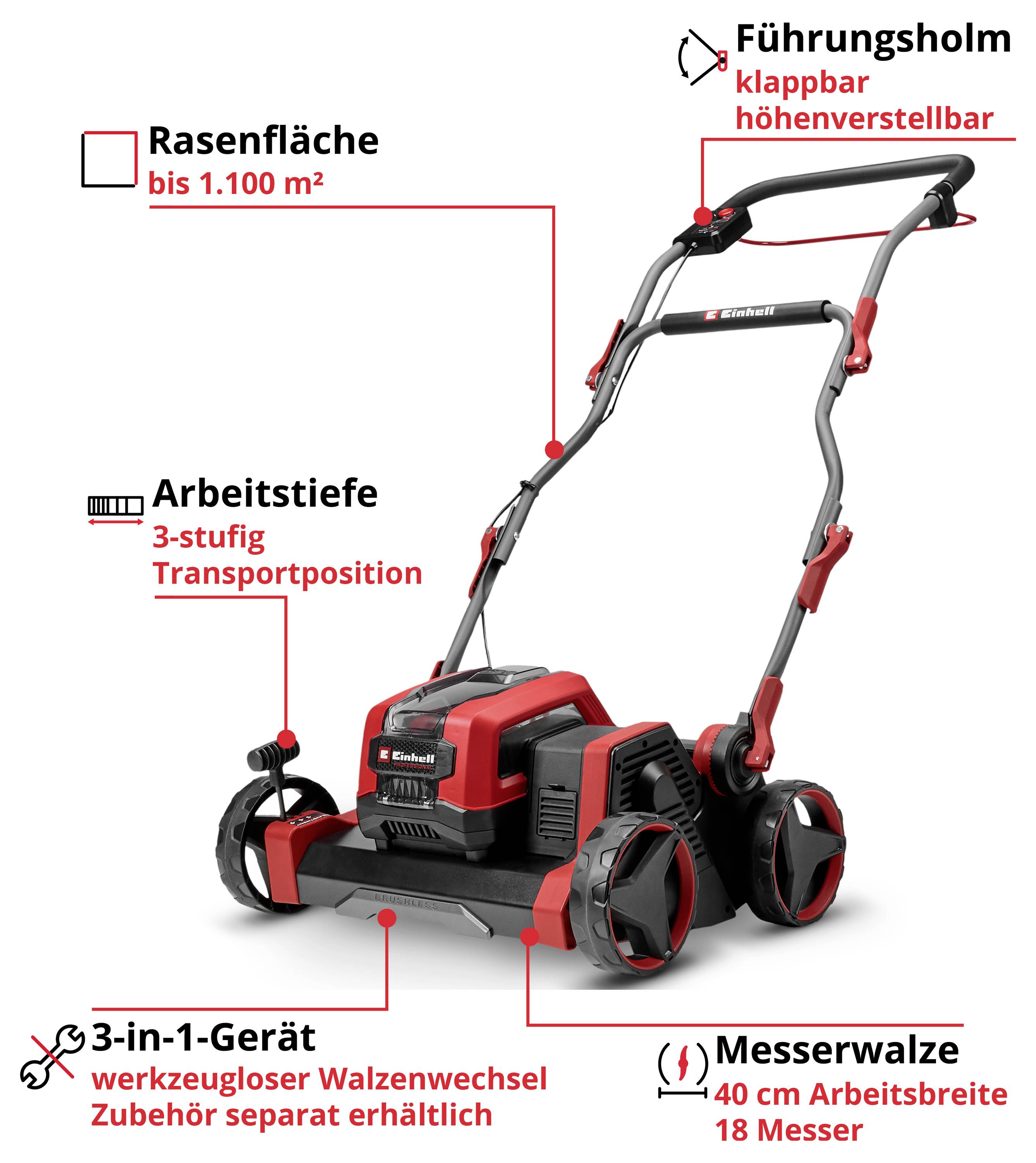 Illustration eines 3-in-1-Rasenmähers mit Beschriftungen: 1.100 m² Rasenfläche, 3-stufige Arbeitstiefe, klappbarer höhenverstellbarer Führungsholm, Messerwalze 40 cm, 18 Messer.